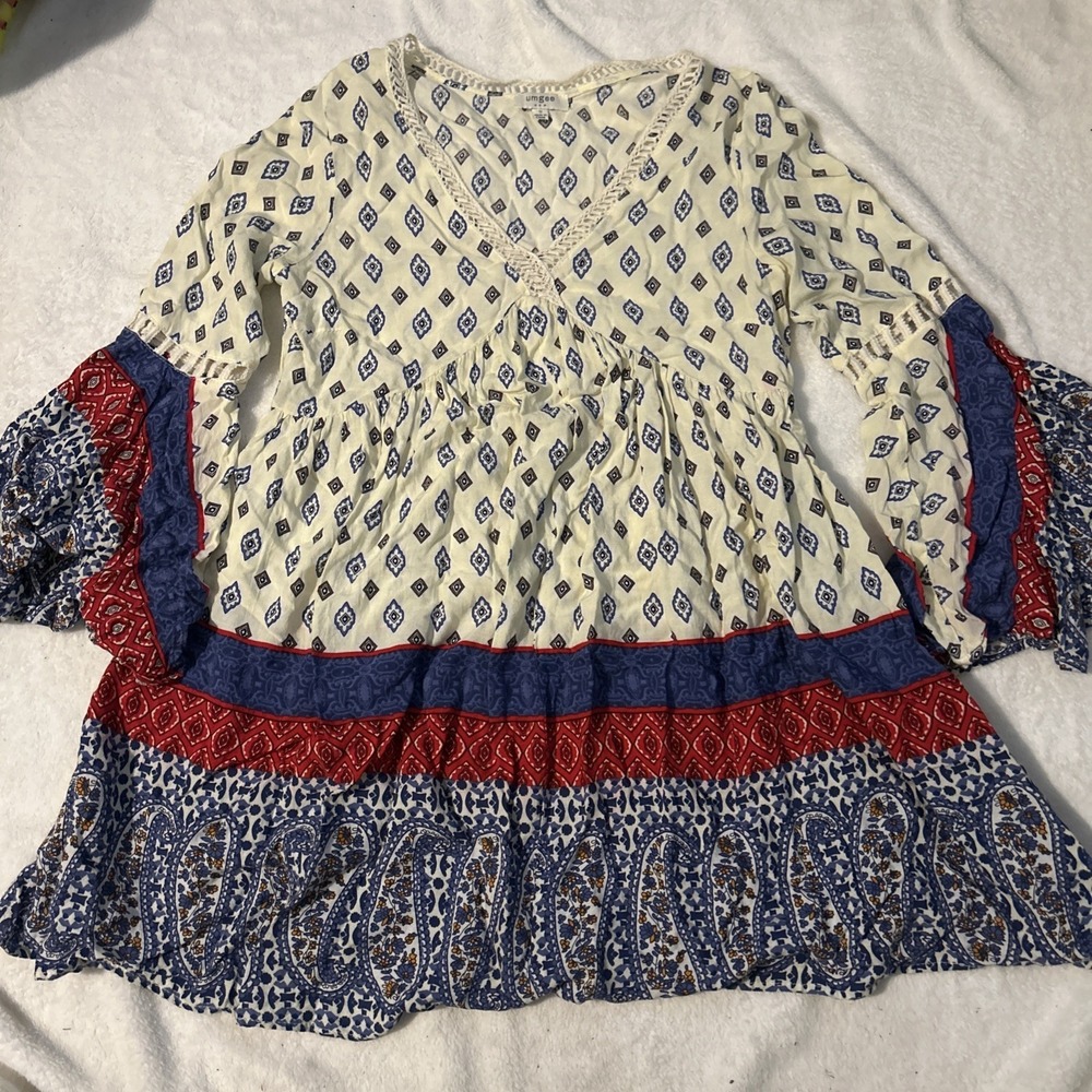 Umgee women's flare sleeve Patch Work dress oversized sz S festival‎ Boho